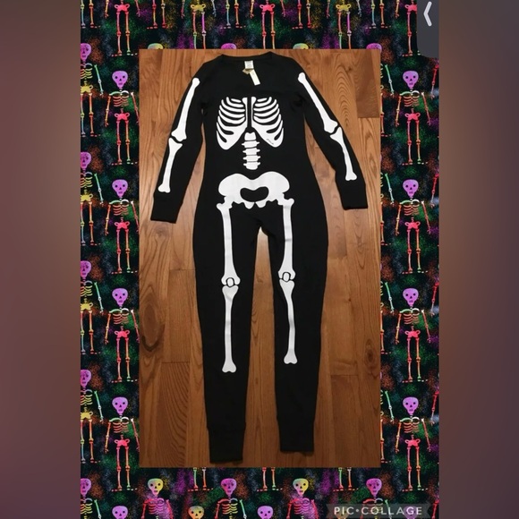 Victoria’s Secret Pink Halloween One Piece Pajamas Pjs skeleton Black Large 2X - Picture 7 of 7